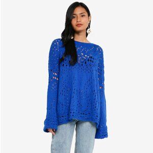 Free People Traveling Lace Open Knit Electric Blue Oversized Sweater L